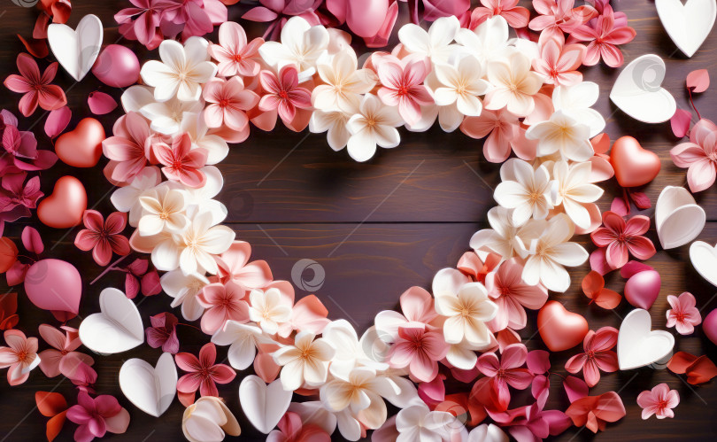 Скачать Композиция ко Дню Святого Валентина. Цветы и сердечки в форме сердца с местом для текста фотосток Ozero