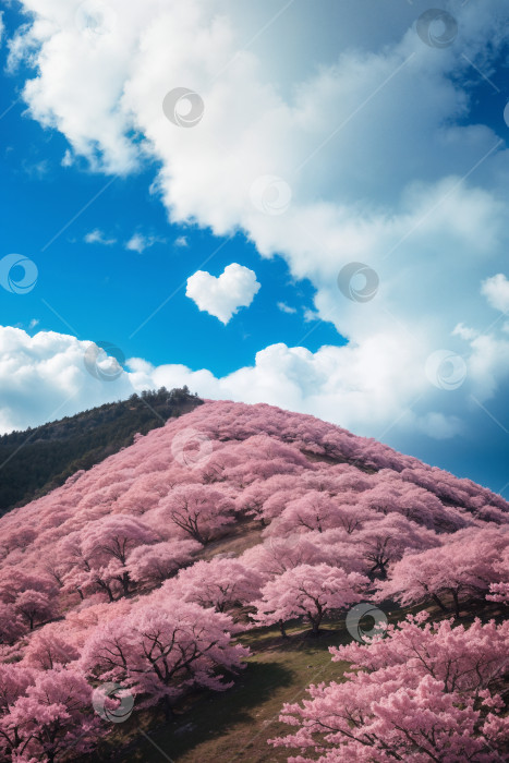 Скачать Склон холма, полный цветущих деревьев сакуры, с облаком в форме герата над ним фотосток Ozero