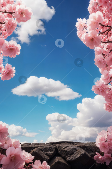 Скачать Фон макета каменного подиума в окружении цветущей сакуры и голубого неба фотосток Ozero
