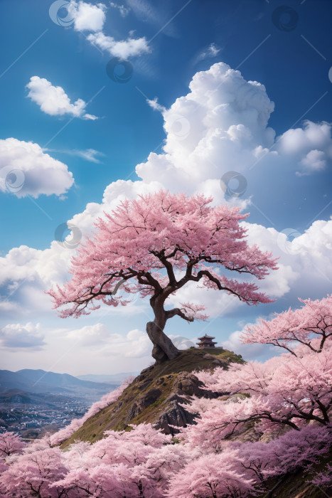 Скачать Одиноко цветущая сакура растет на вершине холма, а под ней находится храм фотосток Ozero