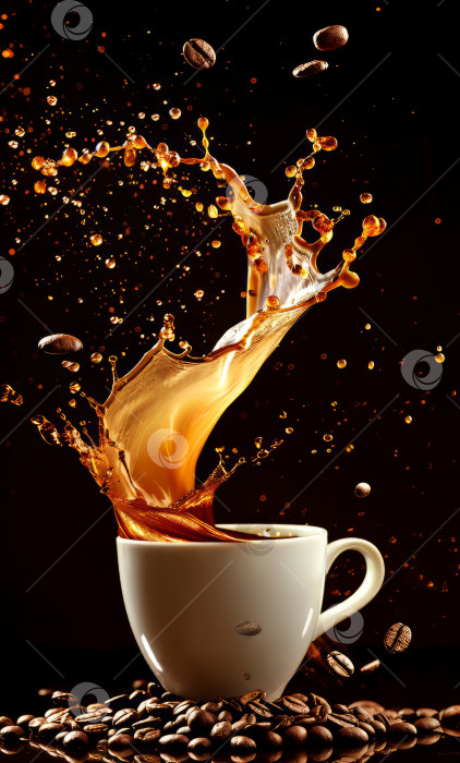 Скачать Кофейная чашка с брызгами и кофейными зернами, летящими в воздухе на темном фоне фотосток Ozero