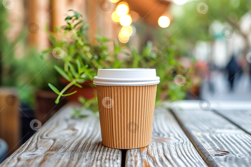 Скачать Экологичный бумажный стаканчик для кофе навынос на столе в кафе. Сгенерирован искусственным интеллектом. фотосток Ozero