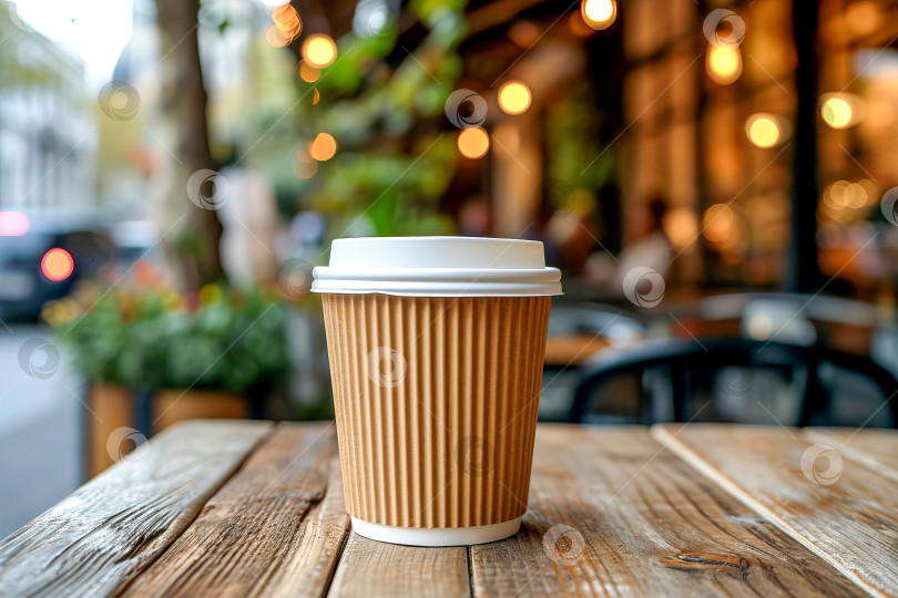Скачать Экологичный бумажный стаканчик для кофе навынос на столе в кафе. Сгенерирован искусственным интеллектом. фотосток Ozero