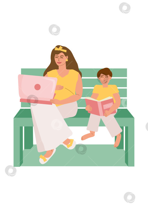 Скачать Беременная женщина работает за ноутбуком, ее сын сидит рядом с книгой фотосток Ozero