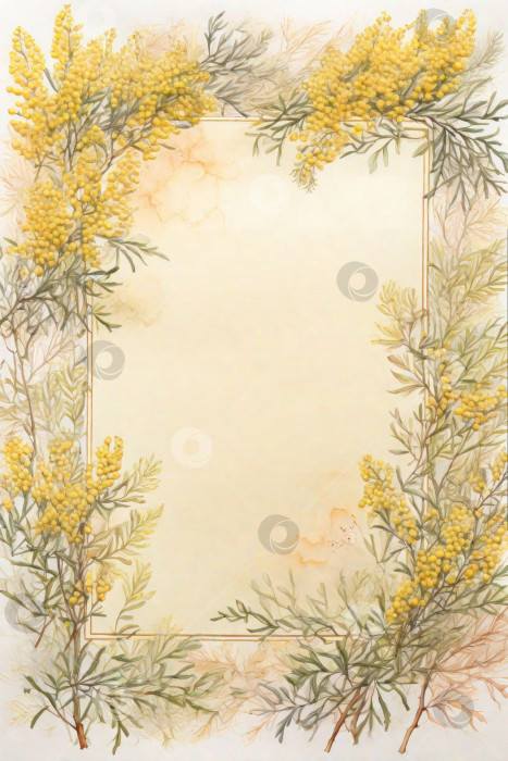 Скачать Рамка из цветов и веток мимозы, выполненная акварелью на белом фоне. фотосток Ozero