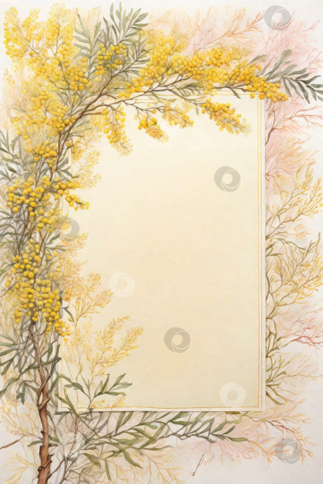 Скачать Рамка из цветов и веток мимозы, выполненная акварелью на белом фоне. фотосток Ozero