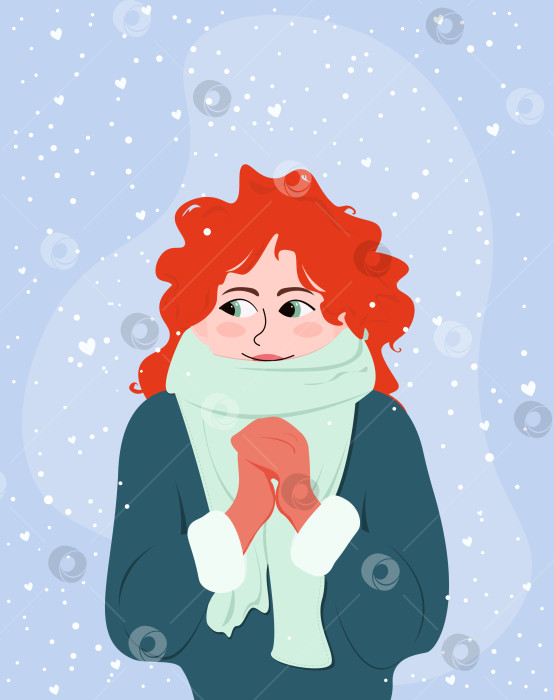 Скачать МИлая девушка с рыжими волосами в теплой одежде среди падающего снега. Веселая девушка с кудрявыми волосами в плоском стиле. фотосток Ozero