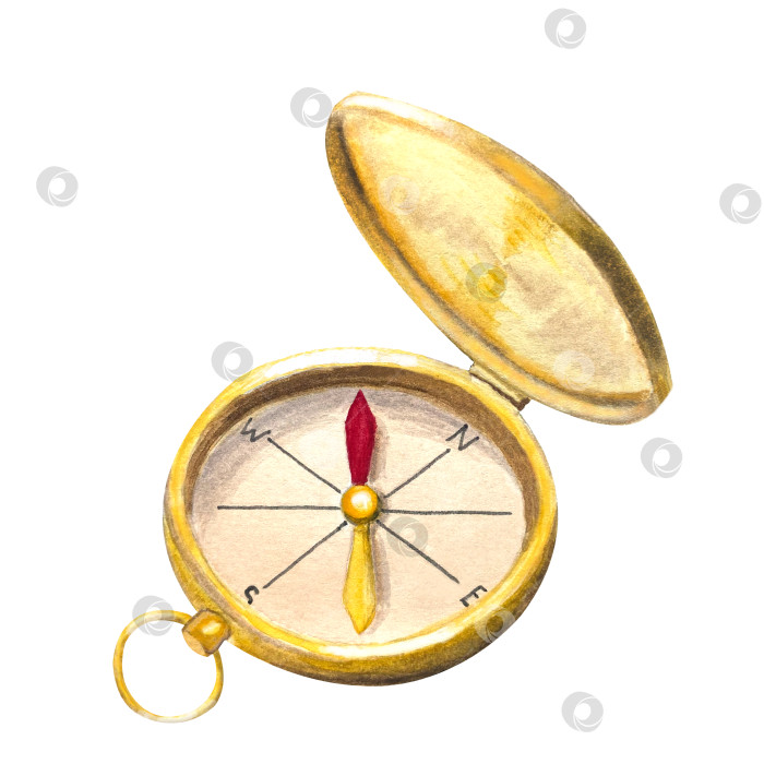 Скачать Акварельная иллюстрация с золотым компасом ручной росписи. Дорожный набор фотосток Ozero