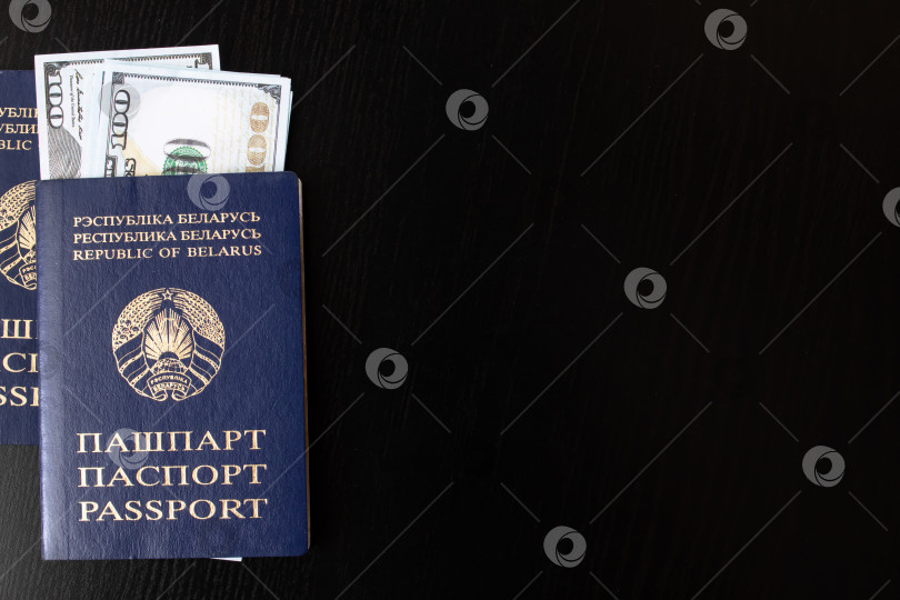 Скачать Белорусский паспорт и деньги-доллары на деревянном столе фотосток Ozero
