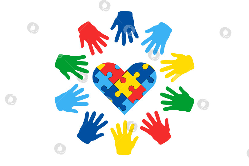 Скачать Вектор Всемирного дня осведомленности об аутизме. Сердце-головоломка и раскрашенные руки детей вокруг, отпечатки ладоней фотосток Ozero