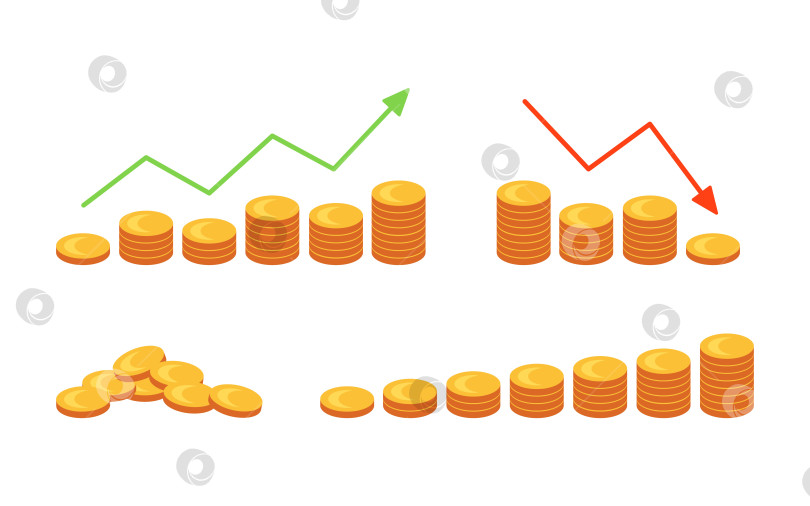Скачать Деньги, стопки монет со стрелками вверх и вниз. Набор стопок золотых монет, сокровище. Банк и финансы. Инвестиции, прибыль или выгода. Экономика, концепция графика роста валюты. Векторная иллюстрация. фотосток Ozero