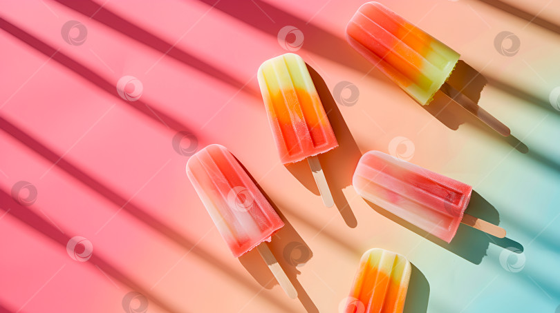 Скачать Разноцветное мороженое на разноцветном полосатом фоне с насыщенными оттенками. Ассортимент разноцветного фруктового мороженого с веселым рисунком. Радужные леденцы - лакомство для солнечного дня фотосток Ozero