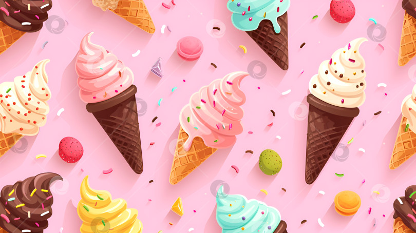 Скачать Разноцветные рожки для мороженого с рисунком на розовом фоне, иллюстрация мороженого. Красочное мультяшное мороженое с начинками на светло-розовом фоне. Игривая иллюстрация мороженого, сладкий дизайн фотосток Ozero