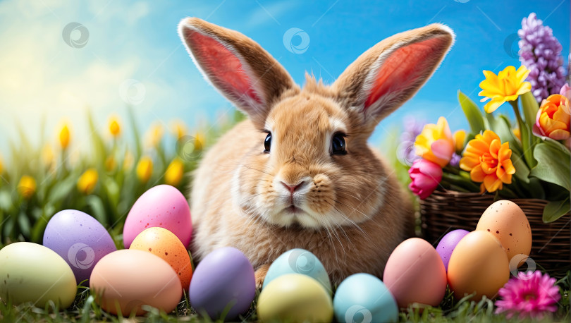 Скачать Милый настоящий пасхальный кролик с крашеными яйцами и весенними цветами, традиционная праздничная открытка. Сгенерированная искусственным интеллектом фотосток Ozero