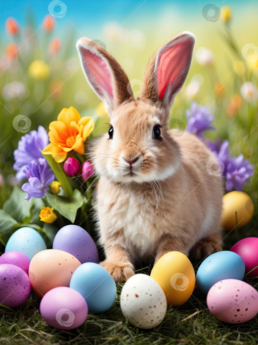 Скачать Милый настоящий пасхальный кролик с крашеными яйцами и весенними цветами, традиционная праздничная открытка. Сгенерированная искусственным интеллектом фотосток Ozero