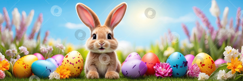 Скачать Милый пасхальный кролик с корзинкой яиц и весенними цветами - это иллюстрация детского персонажа, традиционная праздничная открытка. Сгенерированная искусственным интеллектом фотосток Ozero