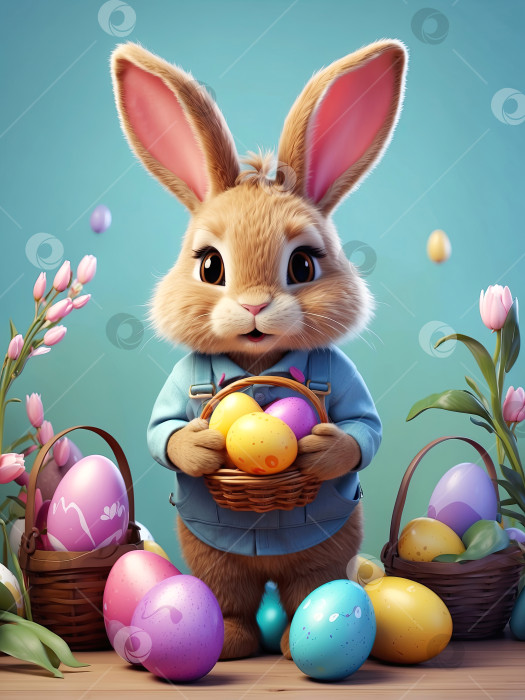 Скачать Милый пасхальный кролик с корзинкой яиц и весенними цветами - это иллюстрация детского персонажа, традиционная праздничная открытка. Сгенерированная искусственным интеллектом фотосток Ozero