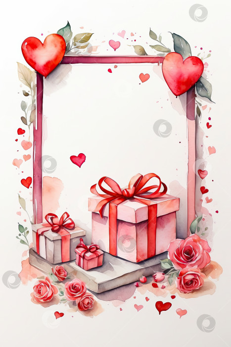 Скачать Акварельная рамка с подарком на день Святого Валентина и сердечками на белом фоне. Любовная открытка, приглашение на свидание, свадьба. Романтическая фоновая рамка с пространством для копирования. Сгенерировано искусственным интеллектом фотосток Ozero