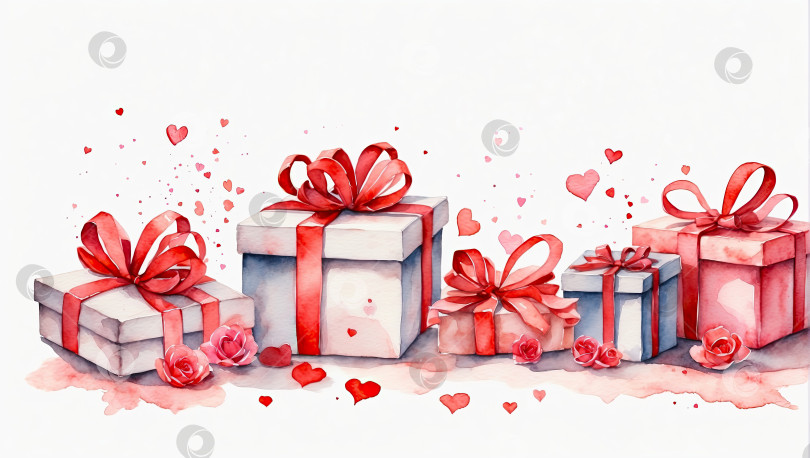 Скачать Подарочная коробка на день Святого Валентина акварелью и сердечки на белом фоне. Любовная открытка, приглашение на свидание, свадьба. Романтический фон. Создан искусственным интеллектом фотосток Ozero