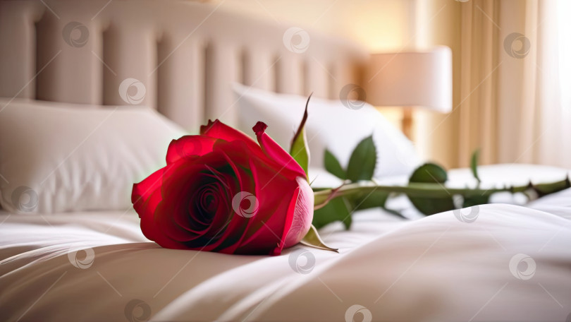 Скачать Букет красных роз лежит на белой кровати в светлой спальне. Подарок любимой на день Святого Валентина, день рождения, свидание. Скопируйте пробел. Сгенерировано искусственным интеллектом фотосток Ozero