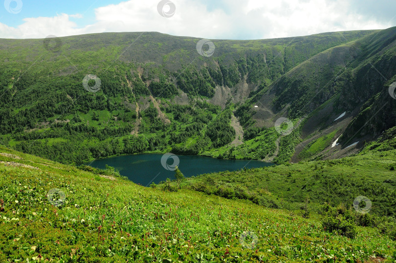 Скачать Вид сверху на живописное озеро в межгорной котловине пасмурным летним утром. фотосток Ozero