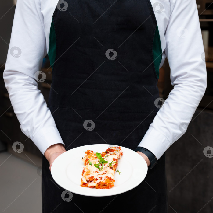 Скачать Официант подает тарелку со свежей лазаньей фотосток Ozero