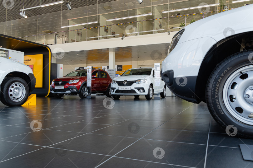 Скачать Дилерский центр Renault в Адыгее. Новые автомобили Renault в просторном и хорошо освещенном автосалоне. Отсутствие покупателей автомобилей в автосалоне. Карантин. Коронавирус (COVID-19). Пандемия. фотосток Ozero