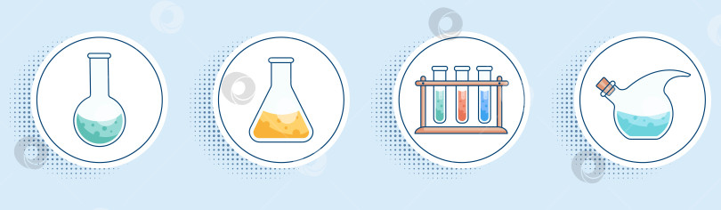 Скачать Набор наклеек с изображением лабораторной химической посуды: колбы, пробирки, капельницы. Современный плоский стиль фотосток Ozero
