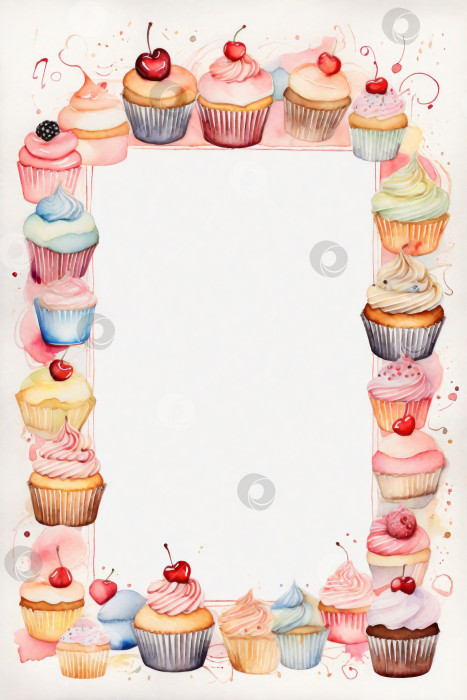 Скачать форма для поздравления с днем рождения, свадьбой или меню, выполненная акварелью с кексами. фотосток Ozero