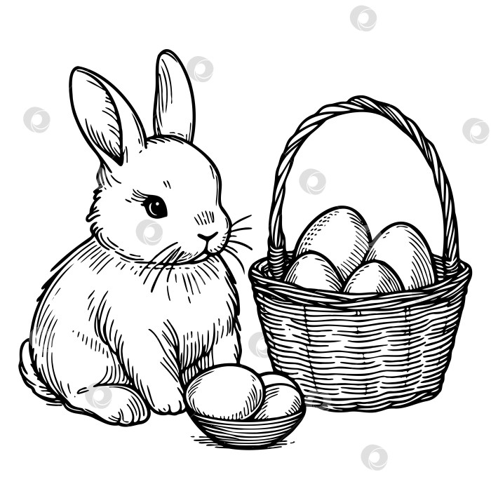 Скачать Пасхальные винтажные векторные иллюстрации. Нарисованный от руки эскиз кролика, праздничные яйца в корзине. счастливой пасхи. фотосток Ozero
