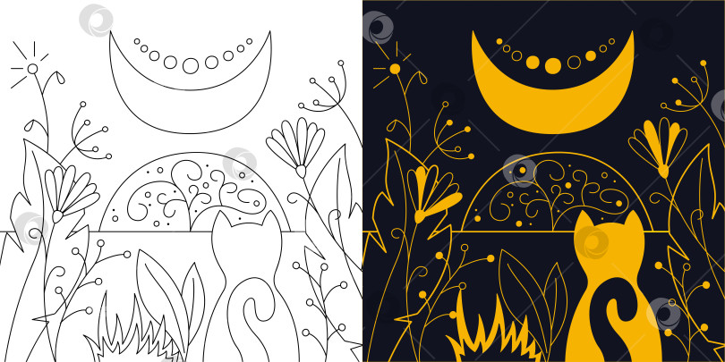 Скачать Мистический пейзаж с полумесяцем, цветами и кошкой. Двухцветная и черно-белая контурная векторная иллюстрация. фотосток Ozero