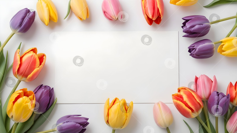 Скачать разноцветные тюльпаны на белом фоне открытки с местом для текста. для поздравительных открыток фотосток Ozero