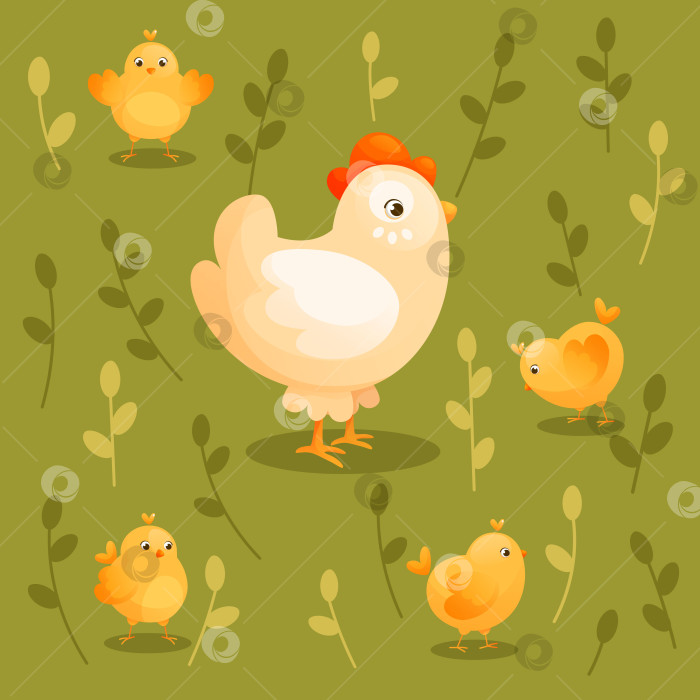 Скачать Мать-наседка с маленькими желтыми цыплятами на прогулке. фотосток Ozero