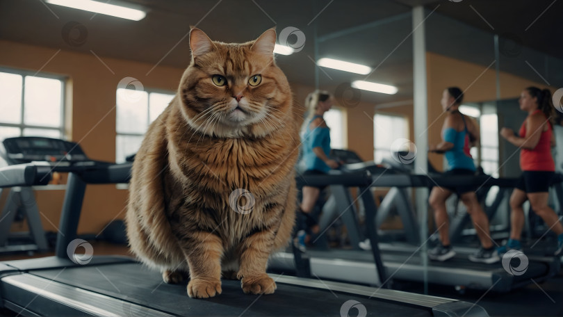 Скачать Толстый кот сидит на беговой дорожке в тренажерном зале фотосток Ozero