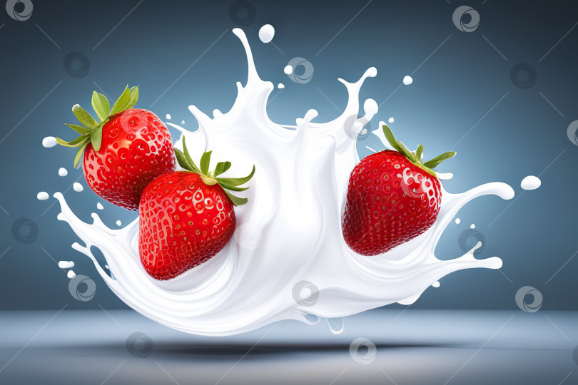 Скачать Реалистичная композиция из ягод молочного йогурта с вкраплениями белой жидкости и спелой клубники фотосток Ozero