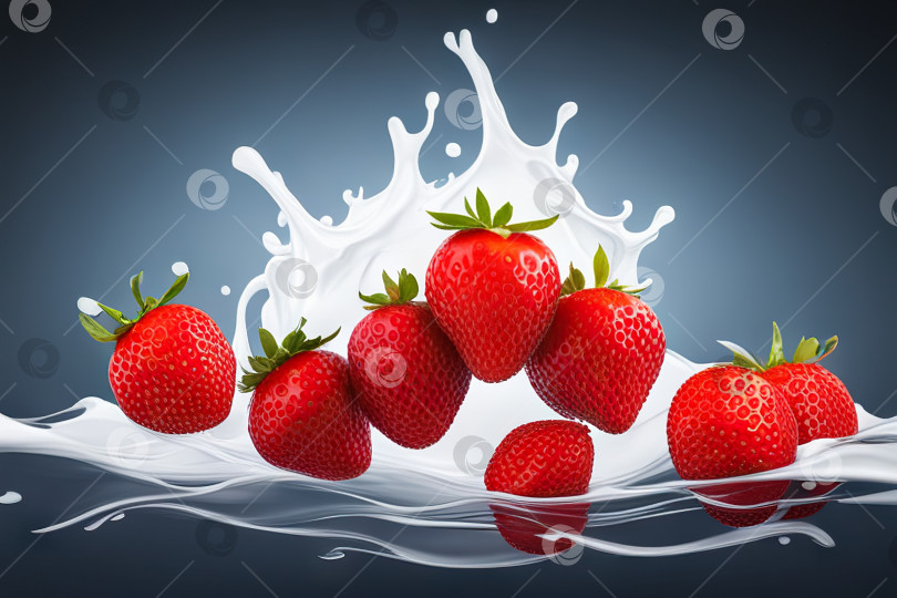 Скачать Клубника, брызгающая в молоко, художественное произведение фотосток Ozero