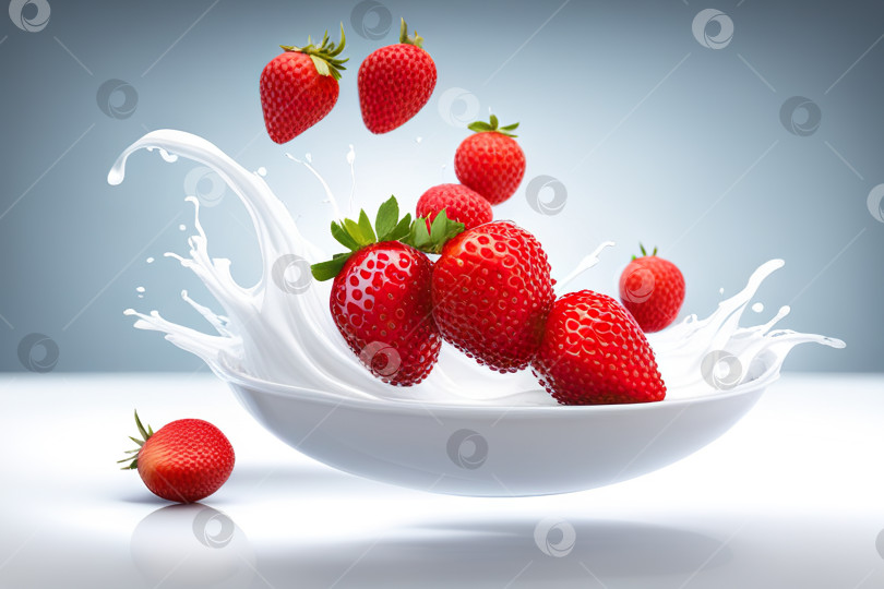 Скачать Реалистичная композиция из ягод молочного йогурта с вкраплениями белой жидкости и спелой клубники фотосток Ozero