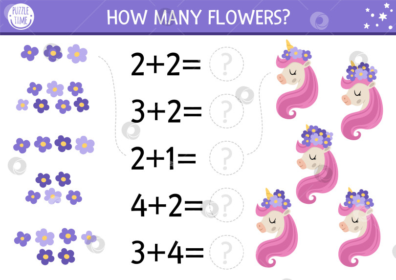 Скачать Игра "Сколько цветов" с милой головкой единорога и розовой гривой. Волшебное, сказочное упражнение по сложению математики для детей дошкольного возраста. Простая таблица подсчета в мире фантазий для печати для детей фотосток Ozero
