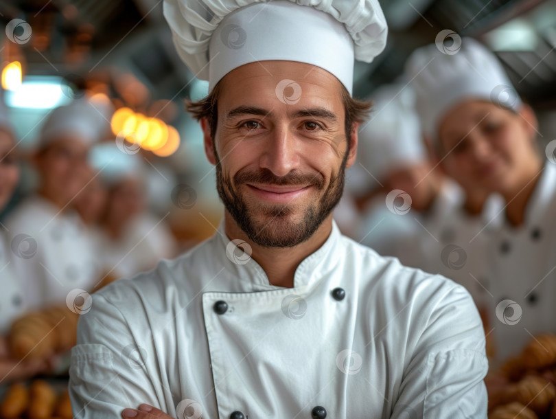 Скачать Портрет шеф-повара, стоящего со своей командой на заднем плане на кухне ресторана фотосток Ozero