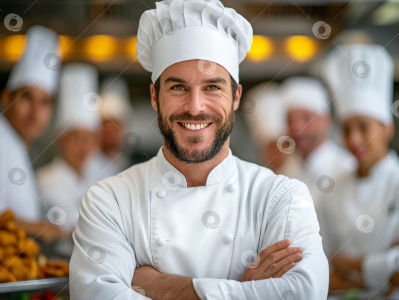 Скачать Счастливый улыбающийся профессиональный шеф-повар на коммерческой кухне фотосток Ozero