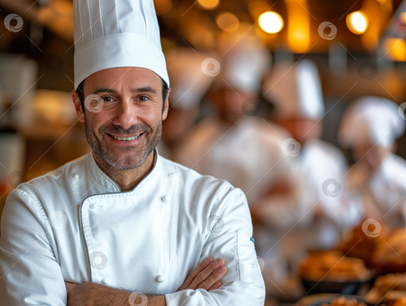Скачать Счастливый улыбающийся профессиональный шеф-повар на коммерческой кухне фотосток Ozero