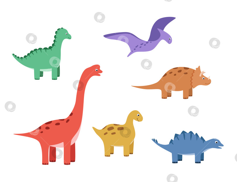 Скачать Мультяшный набор забавных динозавров. Векторная иллюстрация милых персонажей динозавров. фотосток Ozero