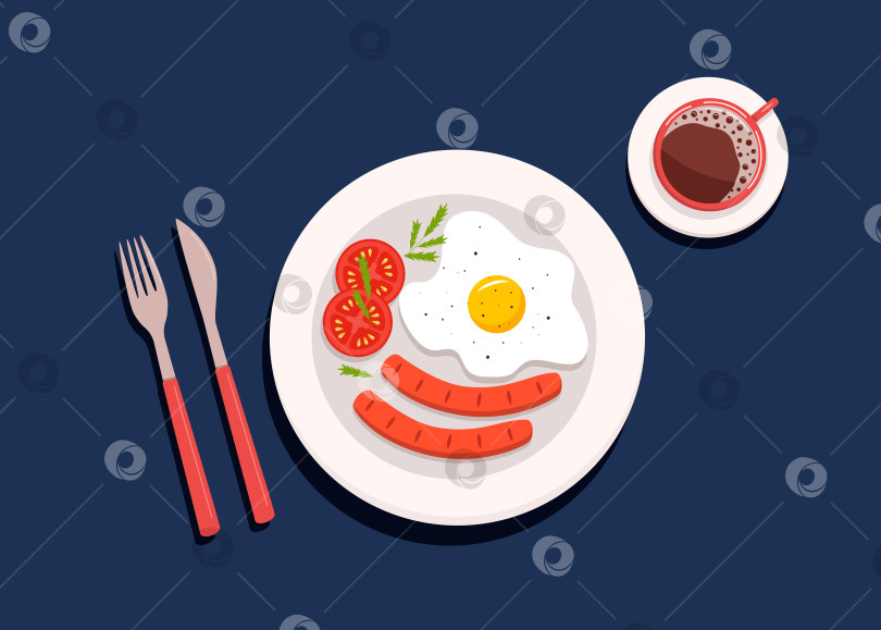 Скачать Жареное яйцо, колбаса и помидоры на тарелке, чашка кофе. Концепция завтрака, плоская тарелка. Векторная иллюстрация приготовленной пищи. фотосток Ozero