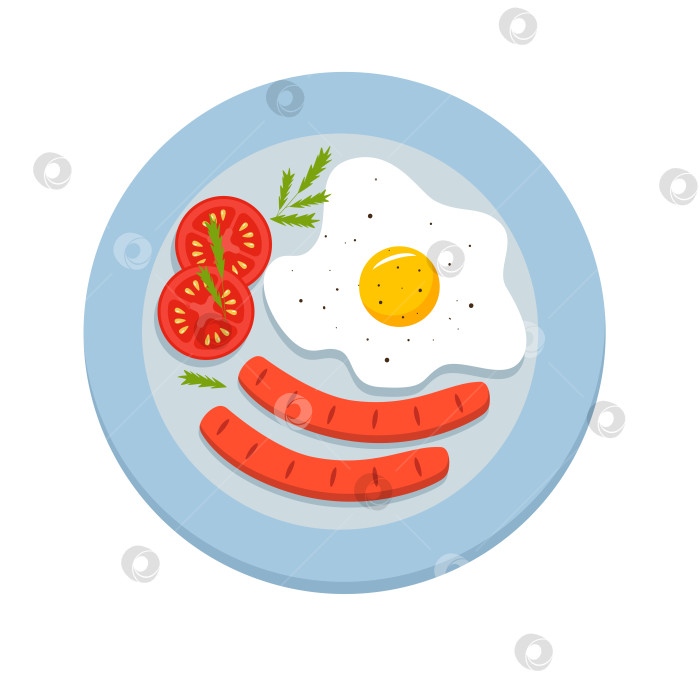 Скачать Жареное яйцо, колбаса и помидоры на тарелке. Концепция завтрака, плоская выкладка. Векторная иллюстрация приготовленной пищи. фотосток Ozero