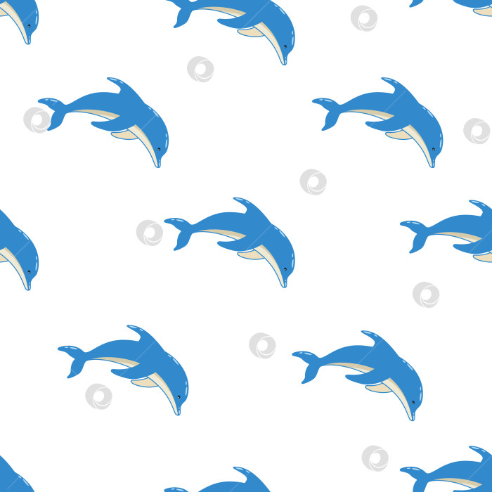 Скачать Бесшовный набор рисунков мультяшных дельфинов в разных позах, векторная иллюстрация морских животных. Нарисованные дельфины плавают. фотосток Ozero