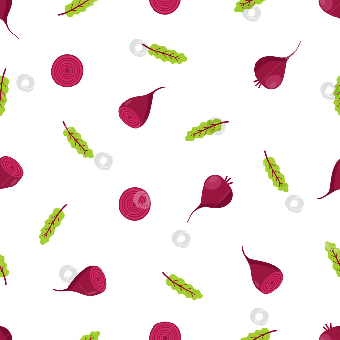 Скачать Бесшовный узор свеклы с листьями и свеклой в разрезе. мультяшная векторная иллюстрация овощей. фотосток Ozero