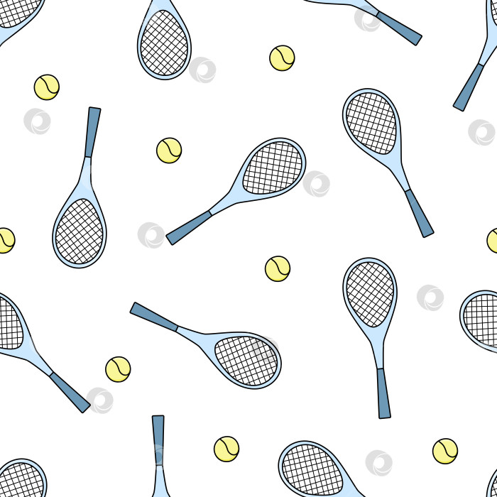 Скачать Бесшовный узор из теннисных ракеток и мяча. Векторная иллюстрация фона спортивного инвентаря, концепции здорового и активного образа жизни. фотосток Ozero