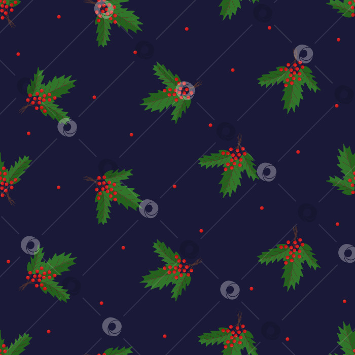 Скачать Бесшовный узор с рождественскими ветками и ягодами, векторная иллюстрация, фон из листьев калины. фотосток Ozero