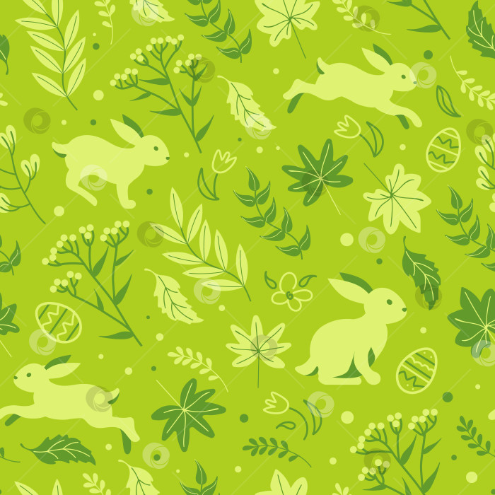 Скачать Очаровательные кролики прыгают по весеннему лугу, счастливой Пасхи. Бесшовный монохромный зеленый узор шоколадных яиц, маргариток и тюльпанов. мультяшный стиль. Для обоев, печати на ткани, упаковки. фотосток Ozero