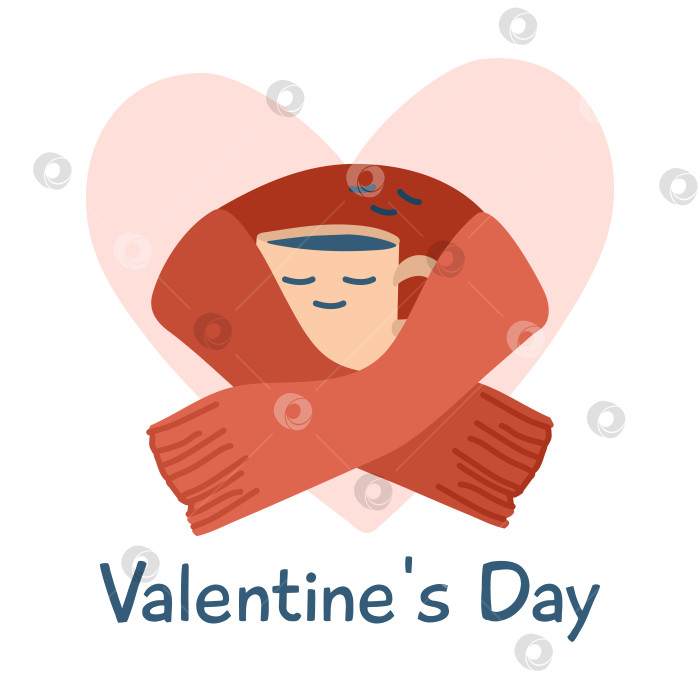 Скачать Открытка на День Святого Валентина, шарф обнимает чашку кофе в форме сердца. Милые расслабленные персонажи пары. Теплые любовные отношения фотосток Ozero